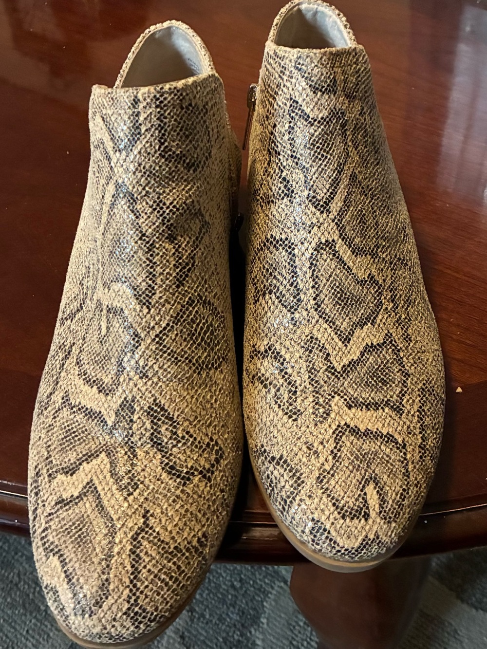 Wonderly Snake-Print Ankle Booties in Tan and Black